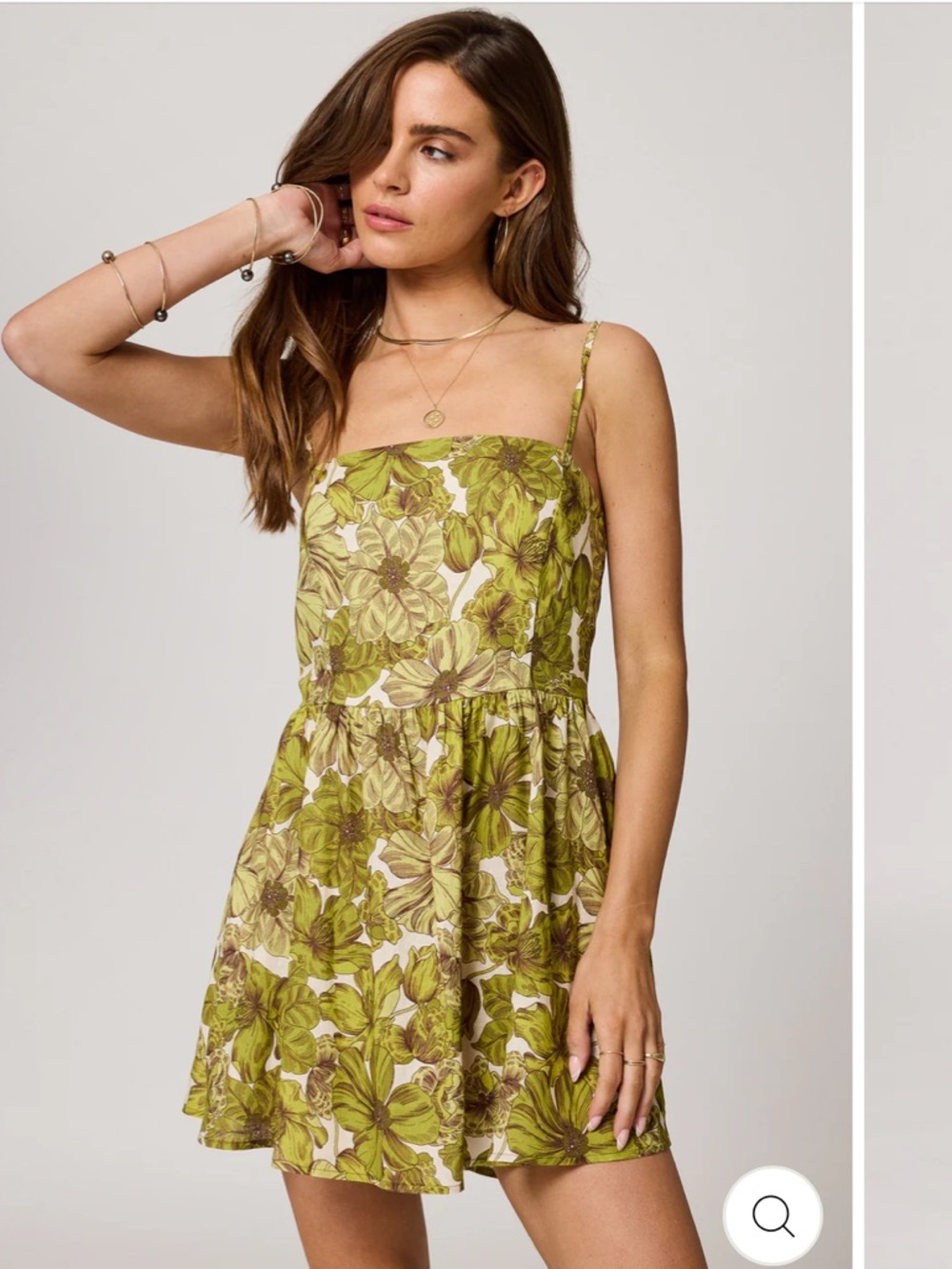 Floral Square-Neck Mini Dress in Olive Green